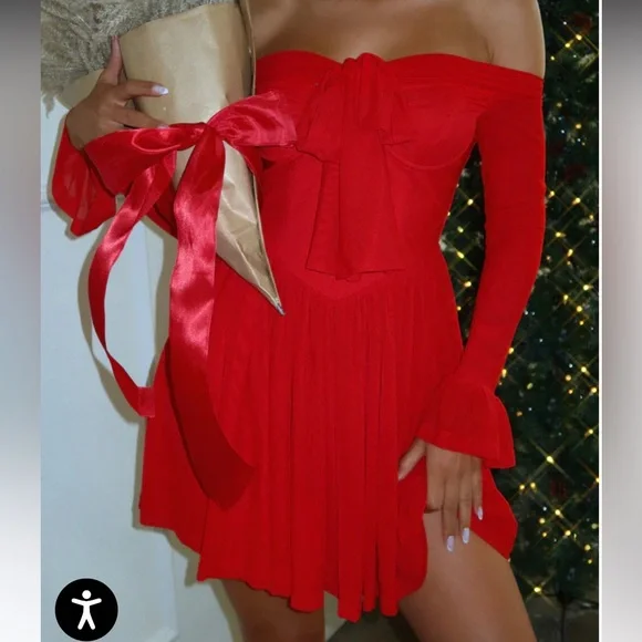 Miss Lola Vibrant Red Off-Shoulder Dress - Picture 4 of 6